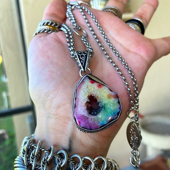 Silverskylight Jewelry - 925 silver Rainbow solar quartz + steel necklace